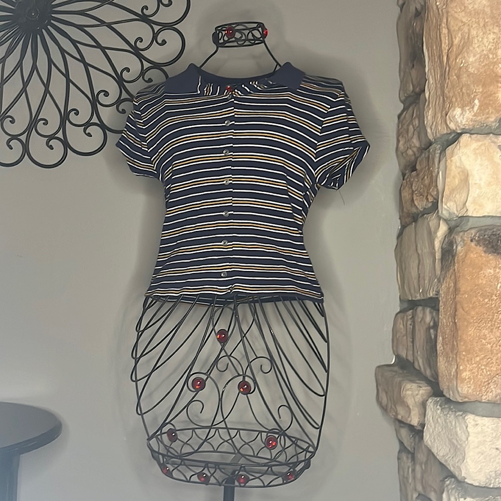 Women’s blue and yellow striped shirt with collar